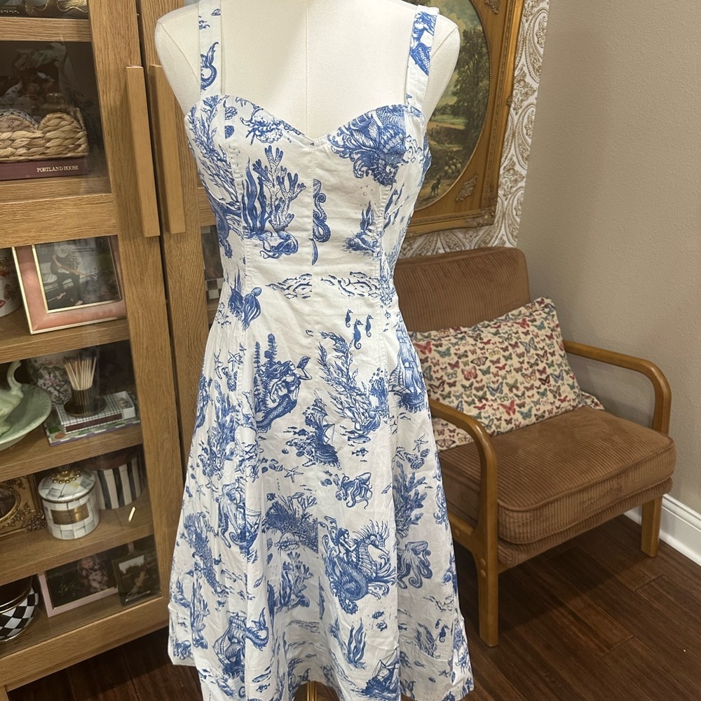 Avec Les Filles Blue Toile Coastal Print Fit & Flare Dress Size 6 Cottagecore